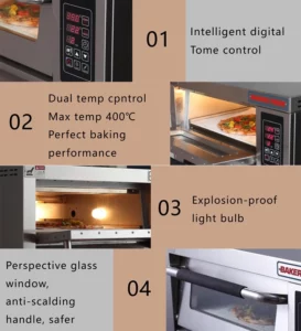 intelligent digital tome control, Dual temp control Max temp 400°C, Perfect baking performance, Explosion-proof light bulb, Perspective glass window, anti-scalding handle, safer.