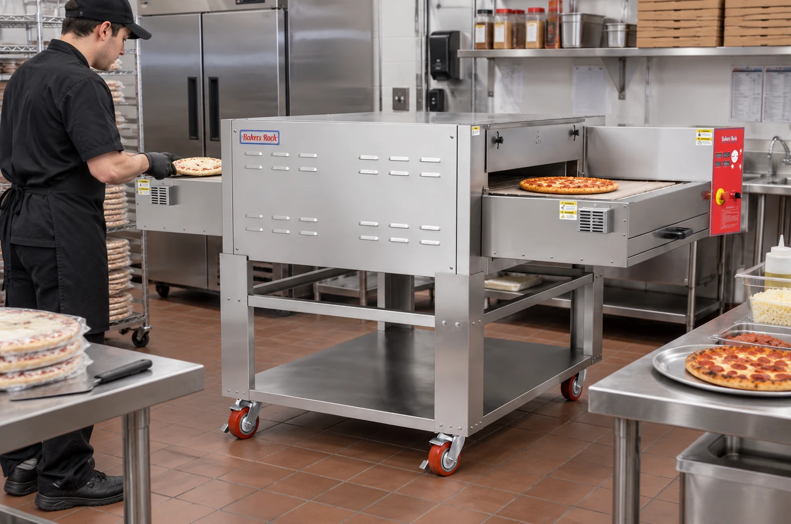 Conveyor oven process for frozen pizza in a QSR kitchen