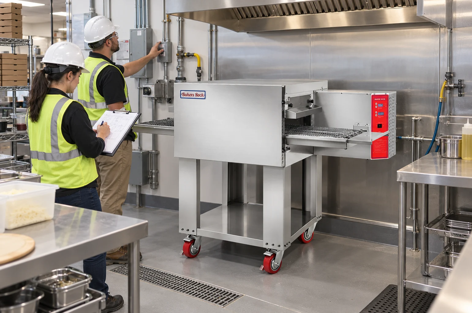 Utility site survey for an electric or gas conveyor pizza oven in a multi-unit restaurant kitchen